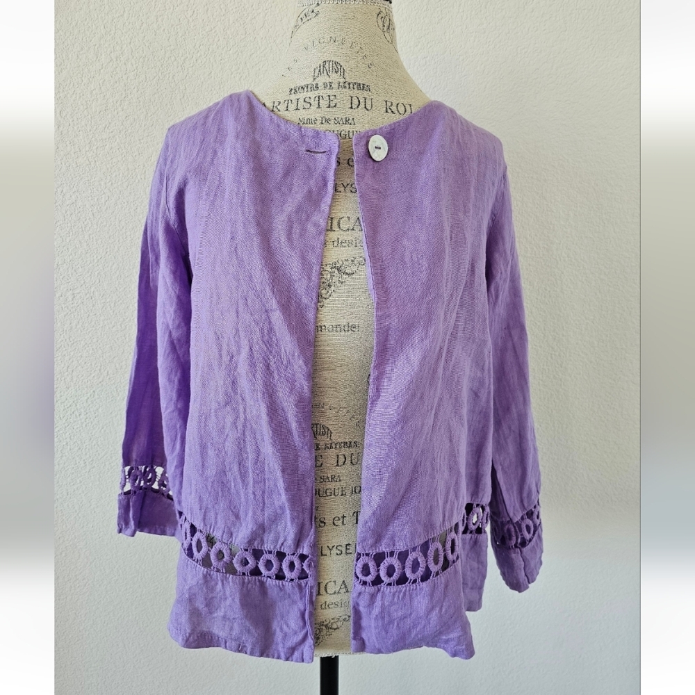 Carla Conti Italy 100% Linen Eyelet Trim Jacket - Lavender L
